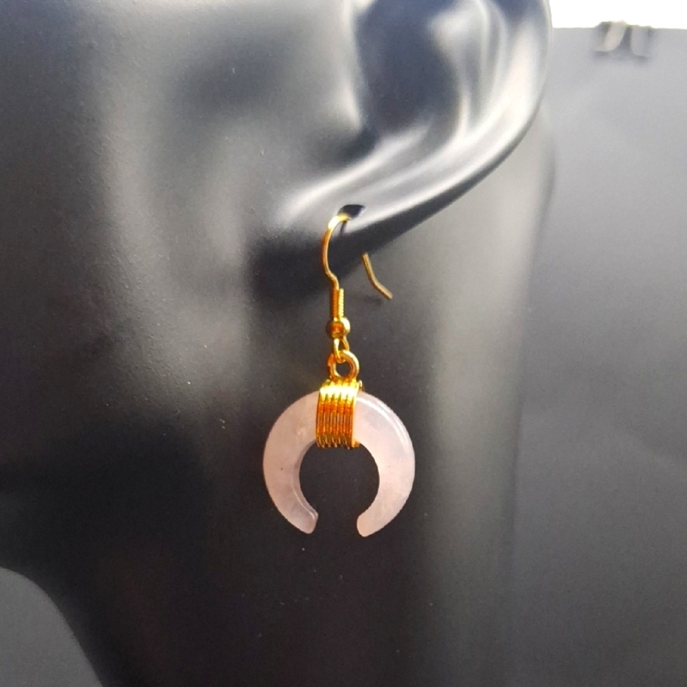 Rose Quartz Crystal Crescent Moon Earrings | Half Moon Jewelry